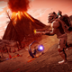 A character in full body armor runs on volcanic terrain in No Man's Sky.